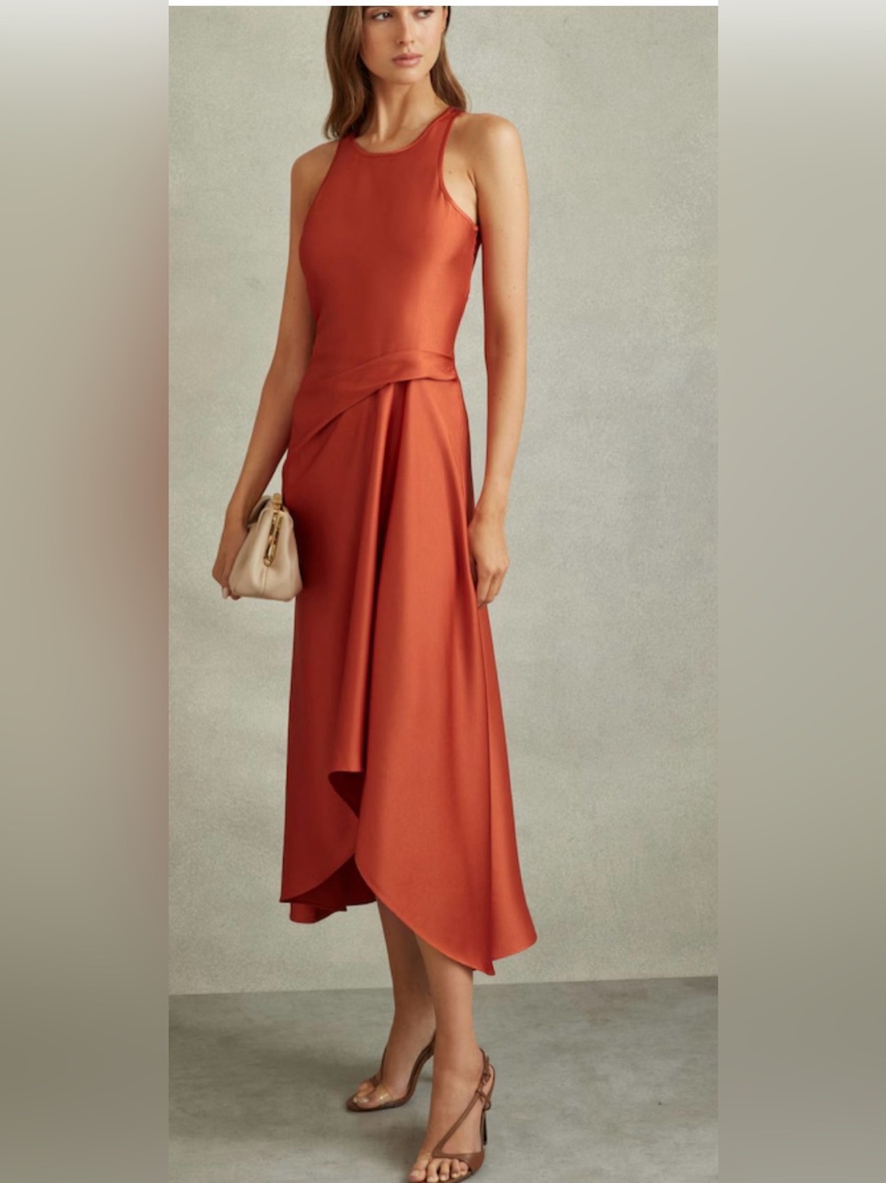 NWT Reiss Satin Drape Tuck Midi Dress in Rust Sz 8